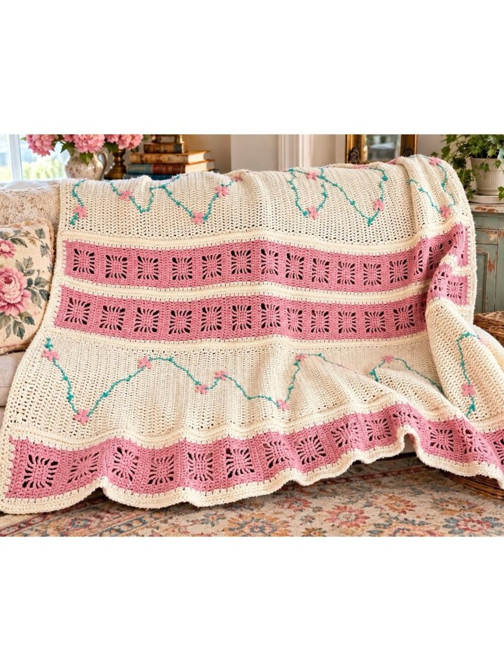 Vintage Crochet Afghan Pink Floral Blanket Cottagecore Granny Chic Handmade